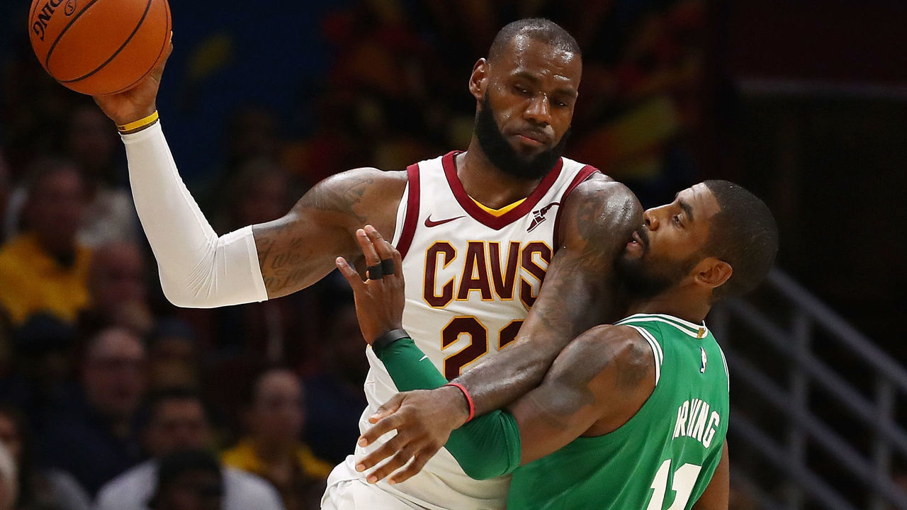 CLEVELAND, OH - OCTOBER 17: LeBron James #23 of the Cleveland Cavaliers looks to get around Kyrie Irving #11 of the Boston Celtics during the second half at Quicken Loans Arena on October 17, 2017 in Cleveland, Ohio. Cleveland won the game 102-99.