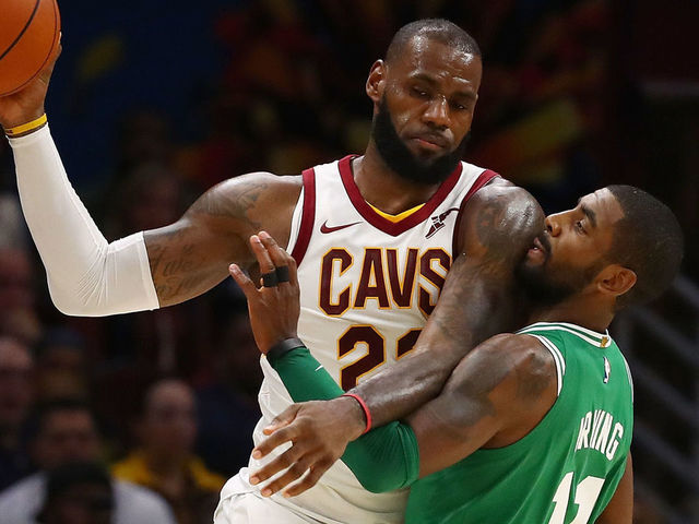 CLEVELAND, OH - OCTOBER 17: LeBron James #23 of the Cleveland Cavaliers looks to get around Kyrie Irving #11 of the Boston Celtics during the second half at Quicken Loans Arena on October 17, 2017 in Cleveland, Ohio. Cleveland won the game 102-99.