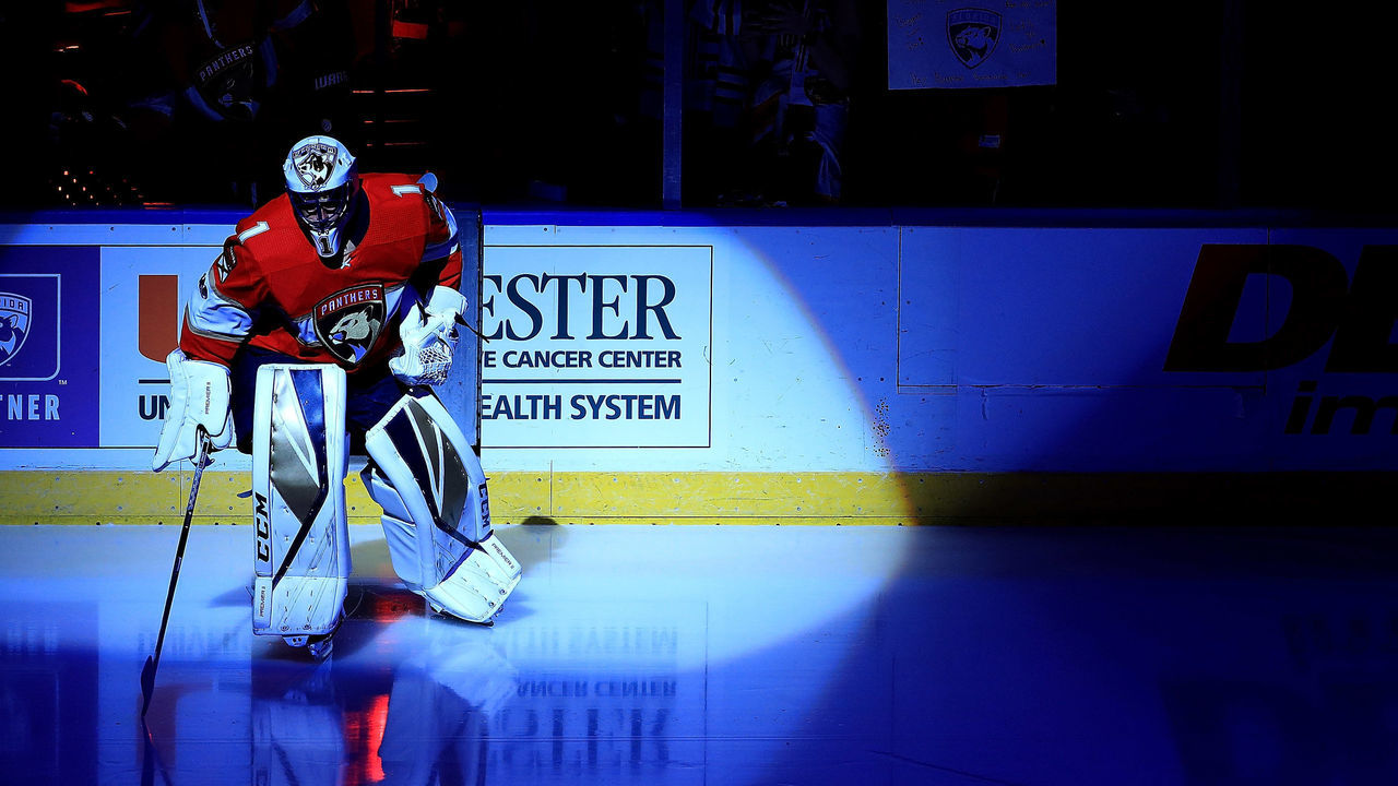 SUNRISE, FL - OCTOBER 20: Roberto Luongo #1 of the Florida Panthers warms up during a game against the Pittsburgh Penguins at BB&T Center on October 20, 2017 in Sunrise, Florida.