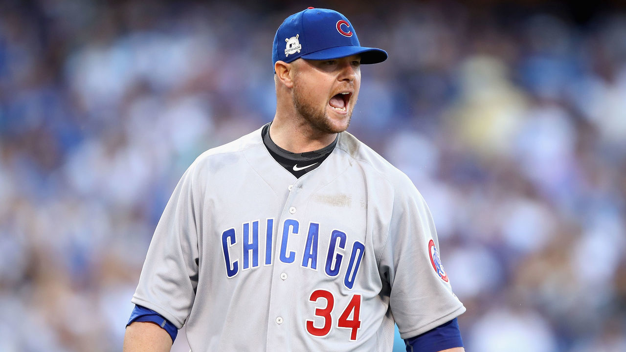 LOS ANGELES, CA - OCTOBER 15: Jon Lester #34 of the Chicago Cubs reacts after the last out of the third inning during Game Two of the National League Championship Series against the Los Angeles Dodgers at Dodger Stadium on October 15, 2017 in Los Angeles, California.