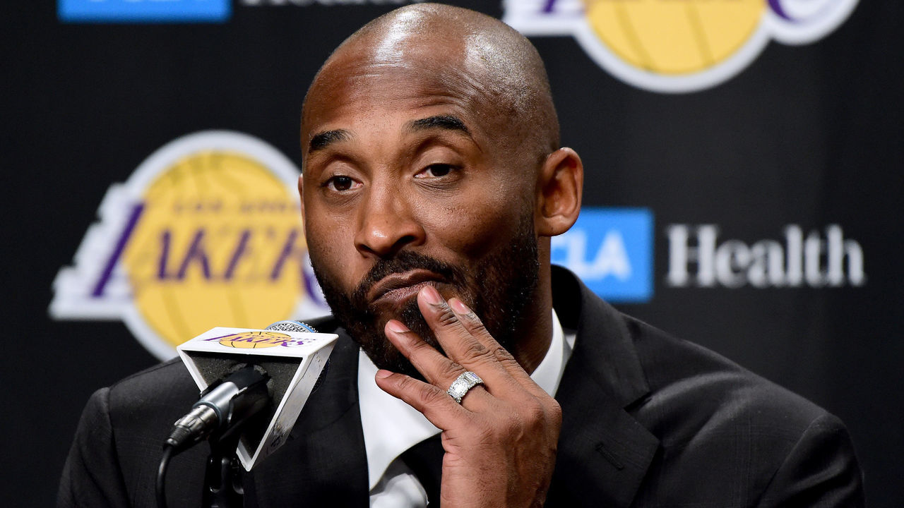 LOS ANGELES, CA - DECEMBER 18: Kobe Bryant speaks to the media at a press conference before his #8 and #24 jerseys are retired by the Los Angeles Lakers at Staples Center on December 18, 2017 in Los Angeles, California.