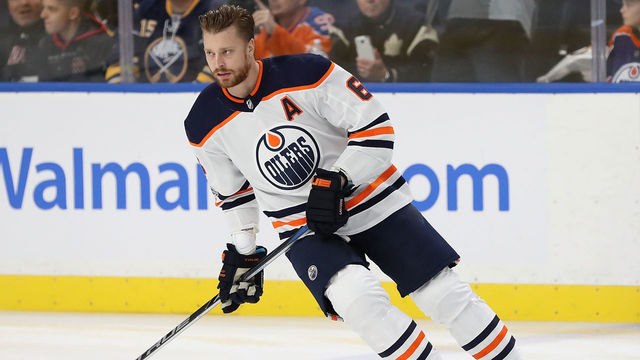 BUFFALO, NY - NOVEMBER 24: Adam Larsson #6 of the Edmonton Oilers skates in warm-ups prior to the game against the Buffalo Sabres at the KeyBank Center on November 24, 2017 in Buffalo, New York.