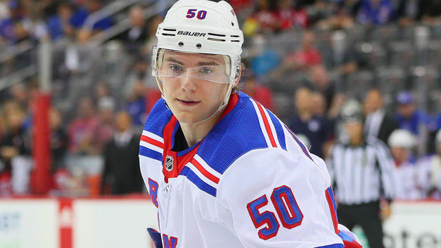 NEWARK, NJ - SEPTEMBER 23: New York Rangers center Lias Andersson (50) during the first period of the National Hockey League Pre-Season game between the New York Rangers and the New Jersey Devils on September 23, 2017, at the Prudential Center in Newark, NJ.