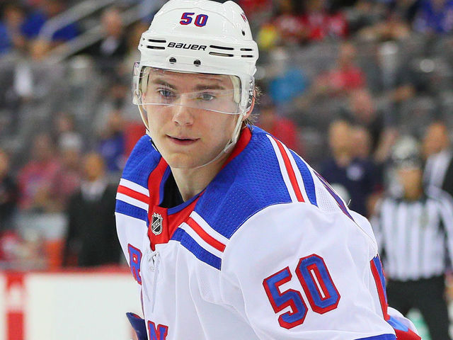 NEWARK, NJ - SEPTEMBER 23: New York Rangers center Lias Andersson (50) during the first period of the National Hockey League Pre-Season game between the New York Rangers and the New Jersey Devils on September 23, 2017, at the Prudential Center in Newark, NJ.