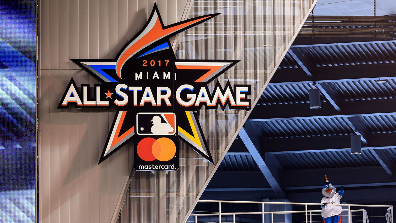 MIAMI, FL - JULY 27: A detailed view of the 2017 All-Star Game logo that was unveiled in Marlins Park by Miami Marlins mascot Billy the Marlin before the game between the Miami Marlins and the Philadelphia Phillies on July 27, 2016 in Miami, Florida.