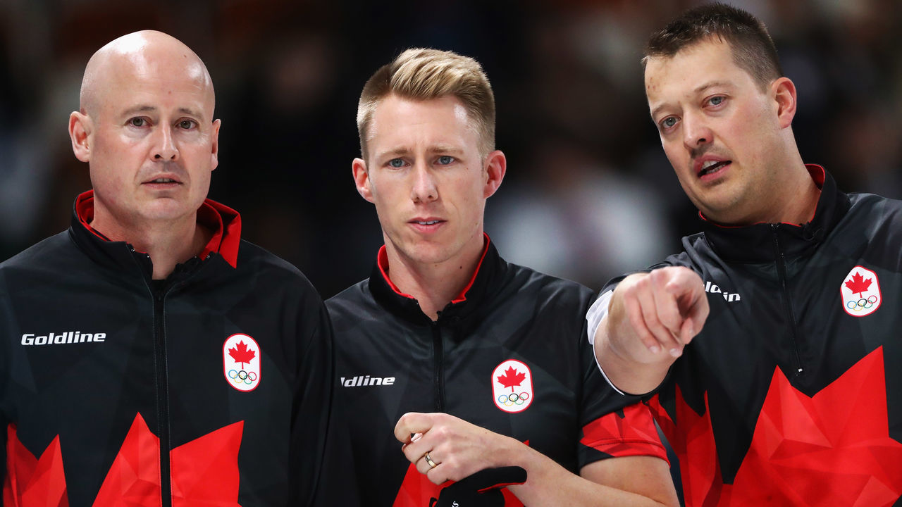 GANGNEUNG, SOUTH KOREA - FEBRUARY 14: (L-R) Kevin Koe, Marc Kennedy and Ben Hebert of Canada compete in the Curling Men's Round Robin Session 1 held at Gangneung Curling Centre on February 14, 2018 in Gangneung, South Korea.