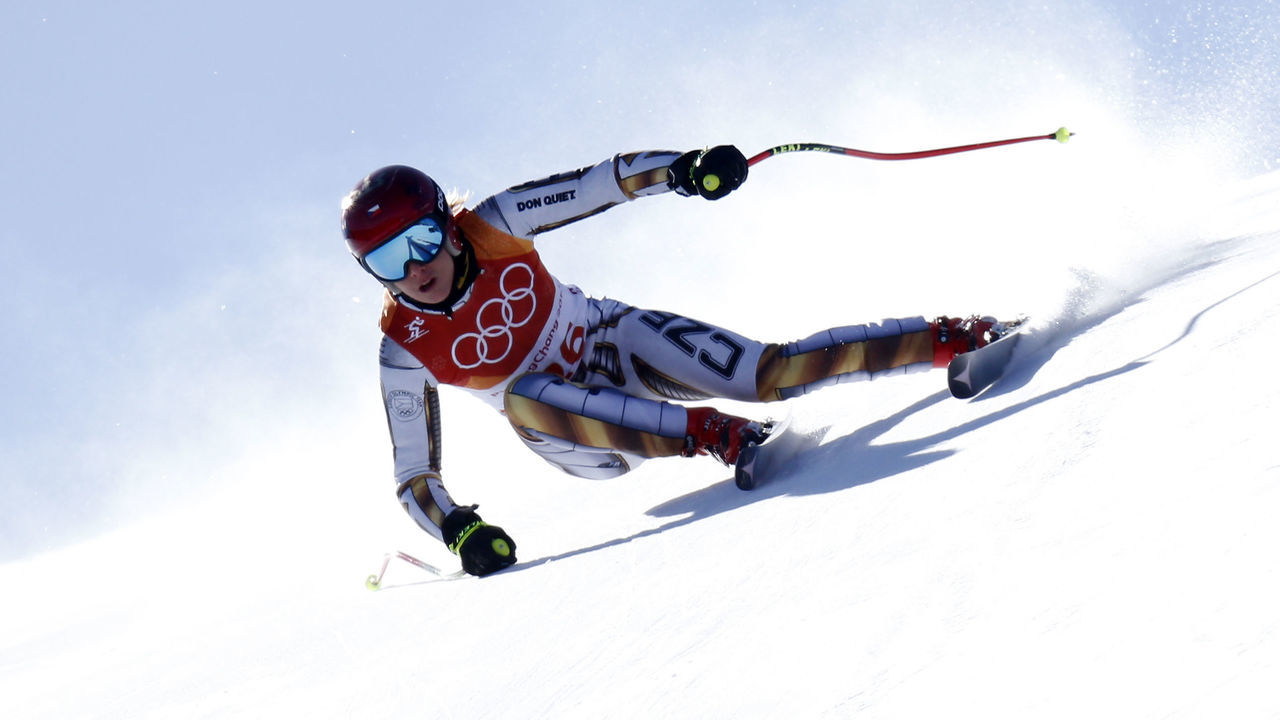 PYEONGCHANG-GUN, SOUTH KOREA - FEBRUARY 17: Ester Ledecka of Czech Republic wins the gold medal during the Alpine Skiing Women's Super-G at Jeongseon Alpine Centre on February 17, 2018 in Pyeongchang-gun, South Korea.