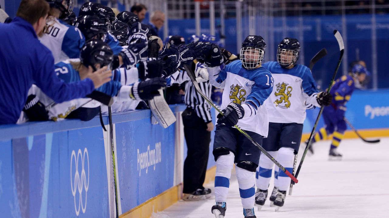 GANGNEUNG, SOUTH KOREA - FEBRUARY 17: Petra Nieminen #19 of Finland celebrates with teammates after scoring a goal against Sweden in the first period during the Ice Hockey Women's Play-offs Quarterfinals on day eight of the PyeongChang 2018 Winter Olympic Games at Kwangdong Hockey Centre on February 17, 2018 in Gangneung, South Korea.