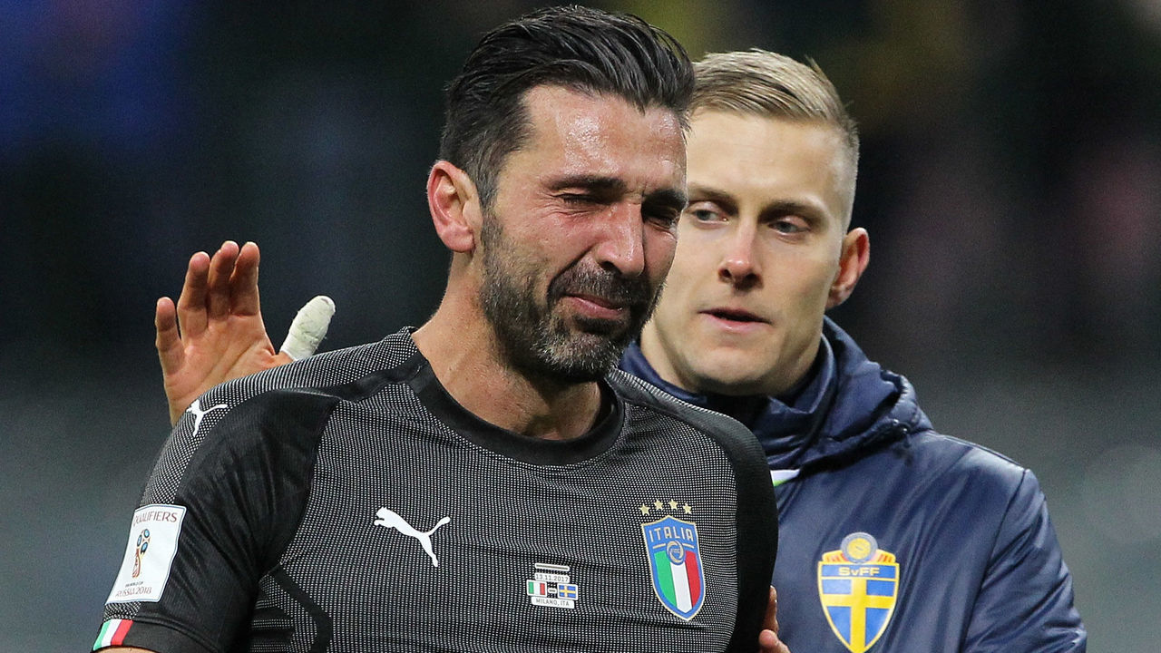 MILAN, ITALY - NOVEMBER 13: Gianluigi Buffon of Italy cries after loosing at the end of the FIFA 2018 World Cup Qualifier Play-Off: Second Leg between Italy and Sweden at San Siro Stadium on November 13, 2017 in Milan, Sweden.