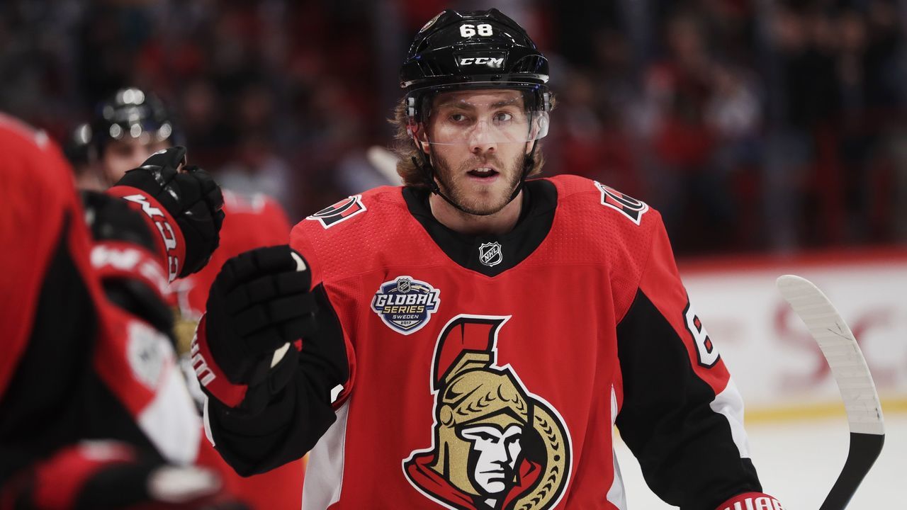 STOCKHOLM, SWEDEN - NOVEMBER 11: Mike Hoffman #68 of Ottawa Senators celebrates after scoring to 1-1 during the 2017 SAP NHL Global Series match between Colorado Avalanche and Ottawa Senators at Ericsson Globe on November 11, 2017 in Stockholm, Sweden.