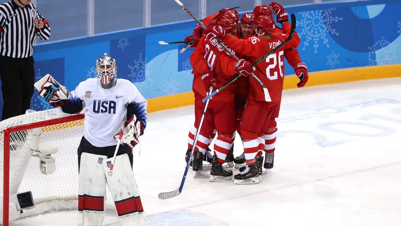 GANGNEUNG, SOUTH KOREA - FEBRUARY 17: Nikolai Prokhorkin #74 of Olympic Athlete from Russia celebrates after scoring a goal in the first period against the United States during the Men's Ice Hockey Preliminary Round Group B game on day eight of the PyeongChang 2018 Winter Olympic Games at Gangneung Hockey Centre on February 17, 2018 in Gangneung, South Korea.
