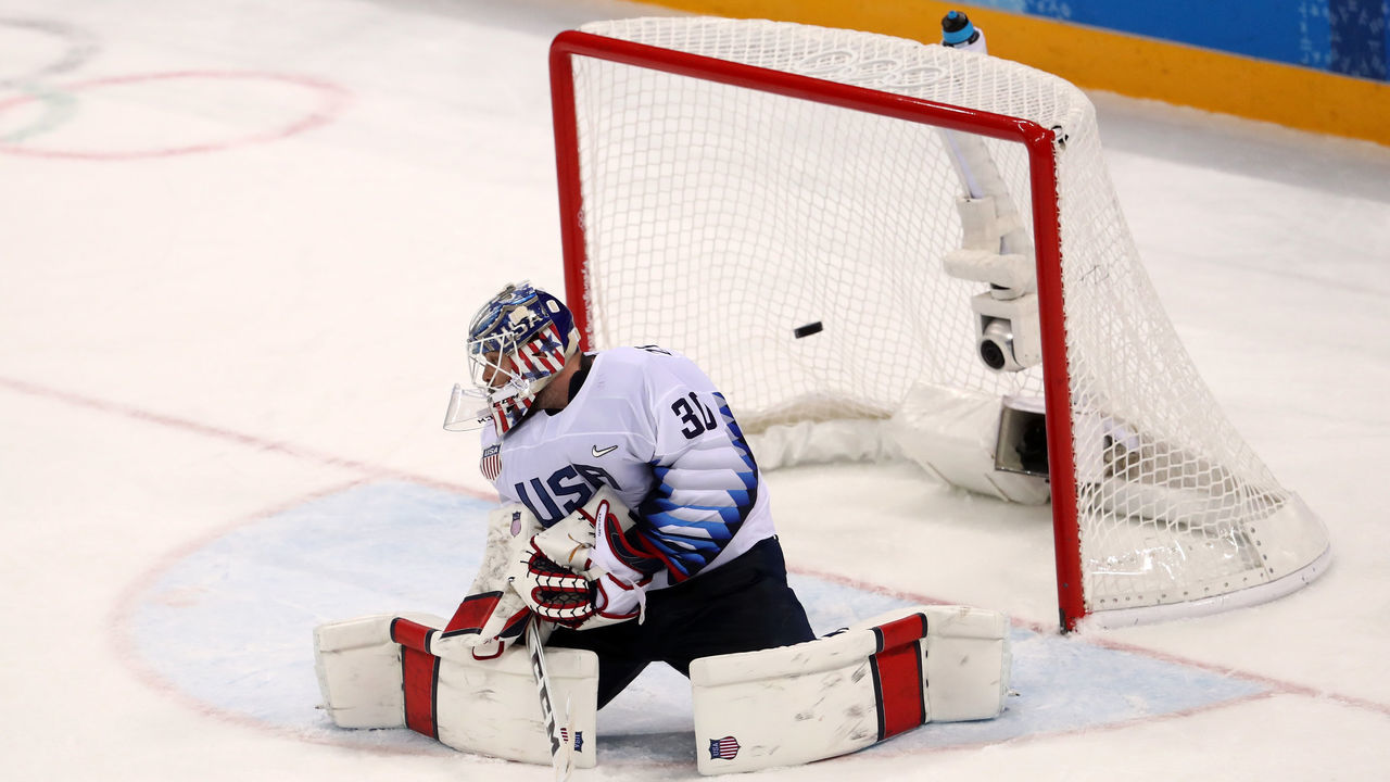 GANGNEUNG, SOUTH KOREA - FEBRUARY 17: Ryan Zapolski #30 of the United States reacts after giving up a goal to Ilya Kovalchuk #71 of Olympic Athlete from Russia during the Men's Ice Hockey Preliminary Round Group B game on day eight of the PyeongChang 2018 Winter Olympic Games at Gangneung Hockey Centre on February 17, 2018 in Gangneung, South Korea.