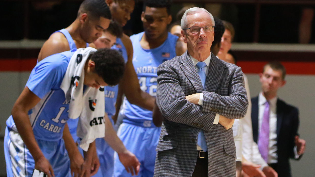 BLACKSBURG, VA - JANUARY 22: North Carolina Tar Heels head coach Roy Williams reacts during the game against the Virginia Tech Hokies at Cassell Coliseum on January 22, 2018 in Blacksburg, Virginia.