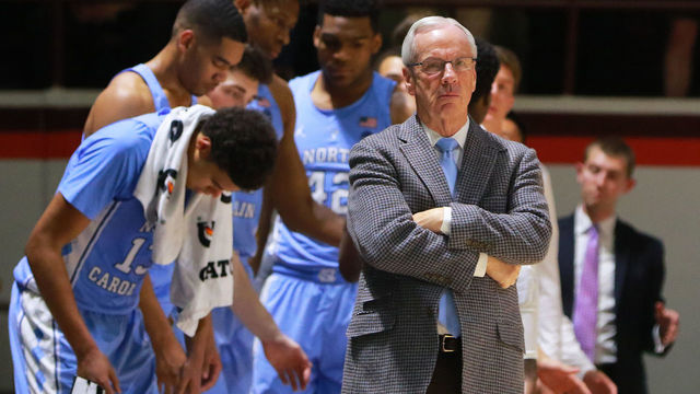 BLACKSBURG, VA - JANUARY 22: North Carolina Tar Heels head coach Roy Williams reacts during the game against the Virginia Tech Hokies at Cassell Coliseum on January 22, 2018 in Blacksburg, Virginia.