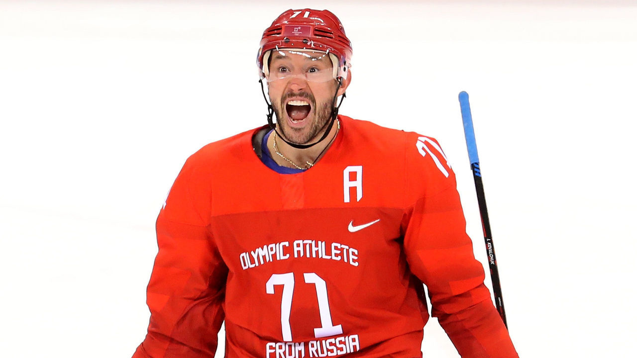 GANGNEUNG, SOUTH KOREA - FEBRUARY 16: Ilya Kovalchuk #71 of Olympic Athlete from Russia celebrates after scoring a goal against Slovenia during the Men's Ice Hockey Preliminary Round Group B game at Gangneung Hockey Centre on February 16, 2018 in Gangneung, South Korea.
