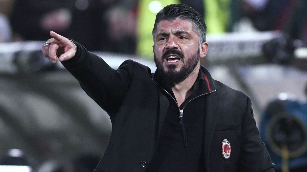 AC Milan's Head coach Gennaro Gattuso reacts during the UEFA Europa League round of 32 first-leg football match between PFC Ludogorets Razgrad and AC Milan in Razgrad on February 15, 2018. / AFP PHOTO / NIKOLAY DOYCHINOV
