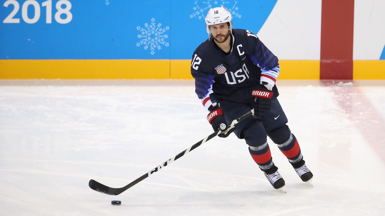 GANGNEUNG, SOUTH KOREA - FEBRUARY 16: Brian Gionta #12 of the United States warms up prior to the Men's Ice Hockey Preliminary Round Group B game against Slovakia at Gangneung Hockey Centre on February 16, 2018 in Gangneung, South Korea.