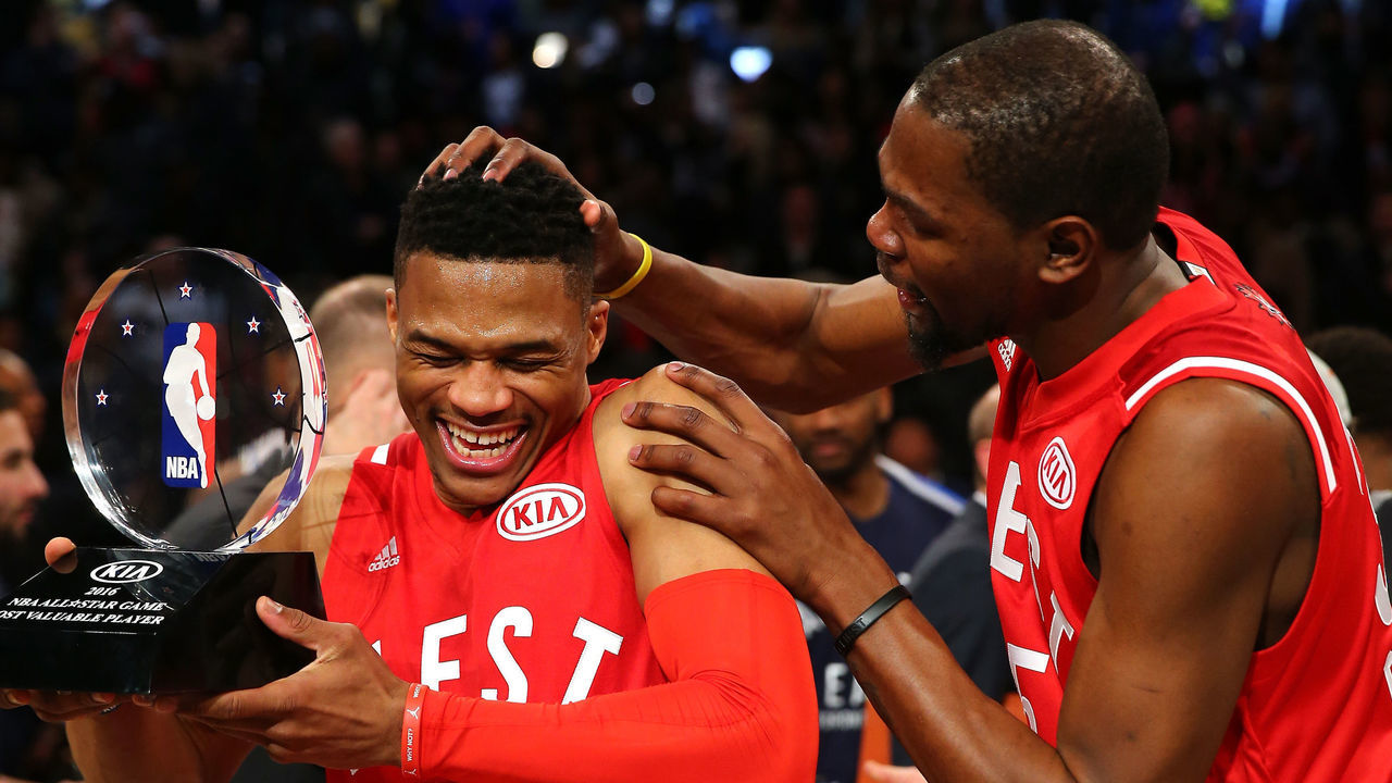 TORONTO, ON - FEBRUARY 14: MVP Russell Westbrook #0 of the Oklahoma City Thunder and the Western Conference is congratulated by teammate Kevin Durant #35 after defeating the Eastern Conference during the NBA All-Star Game 2016 at the Air Canada Centre on February 14, 2016 in Toronto, Ontario. NOTE TO USER: User expressly acknowledges and agrees that, by downloading and/or using this Photograph, user is consenting to the terms and conditions of the Getty Images License Agreement.