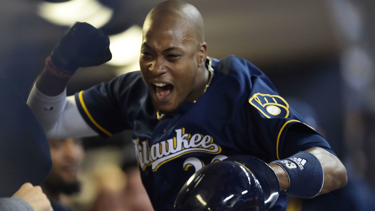 MILWAUKEE, WI - AUGUST 15: Keon Broxton #23 of the Milwaukee Brewers celebrates a home run against the Pittsburgh Pirates during the seventh inning of a game at Miller Park on August 15, 2017 in Milwaukee, Wisconsin.