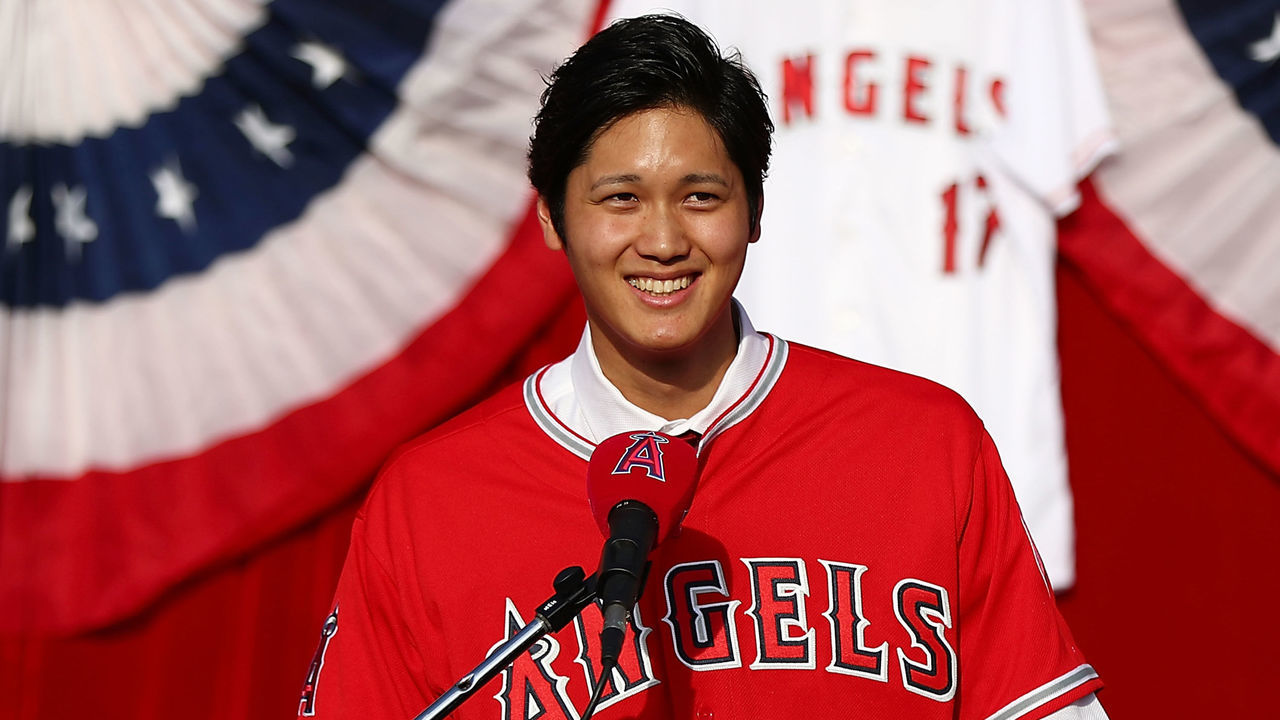 ANAHEIM, CA - DECEMBER 09: Shohei Ohtani speaks onstage during his introduction to the Los Angeles Angels of Anaheim at Angel Stadium of Anaheim on December 9, 2017 in Anaheim, California.