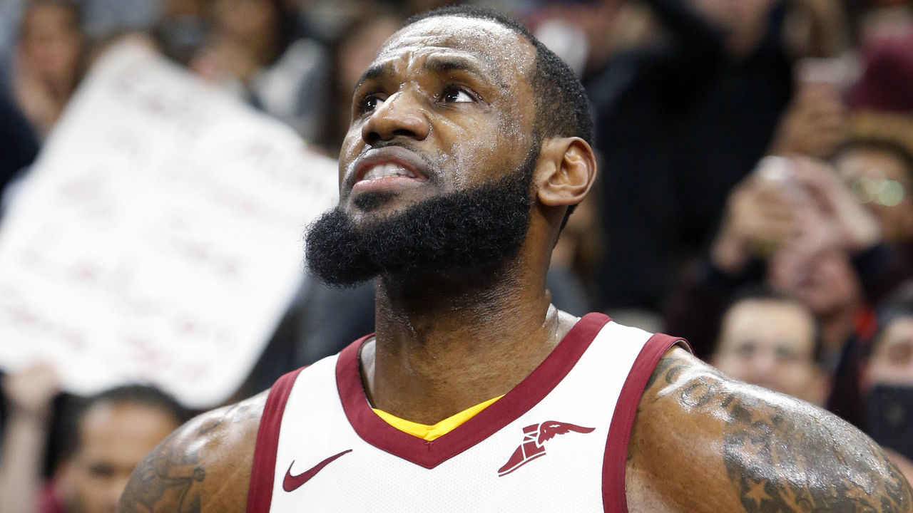 SAN ANTONIO,TX - JANUARY 23 : LeBron James #23 of the Cleveland Cavaliers looks up after scoring his seventh point of the game against the San Antonio Spurs putting in the 30,00o point club at AT&T Center on January 23, 2018 in San Antonio, Texas. NOTE TO USER: User expressly acknowledges and agrees that , by downloading and or using this photograph, User is consenting to the terms and conditions of the Getty Images License Agreement.