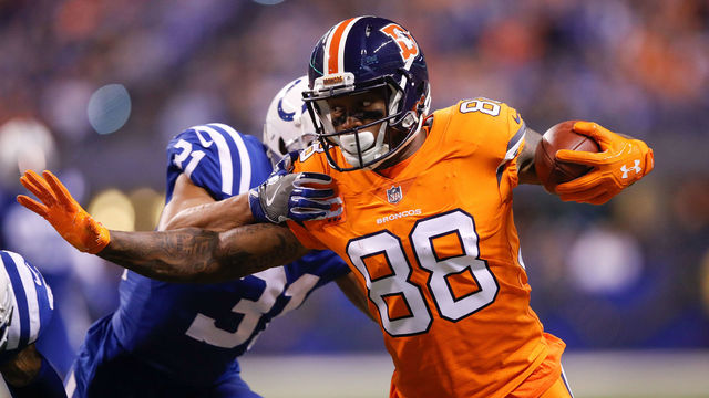 INDIANAPOLIS, IN - DECEMBER 14: Demaryius Thomas #88 of the Denver Broncos pushes off a tackle from Quincy Wilson #31 of the Indianapolis Colts during the first half at Lucas Oil Stadium on December 14, 2017 in Indianapolis, Indiana.