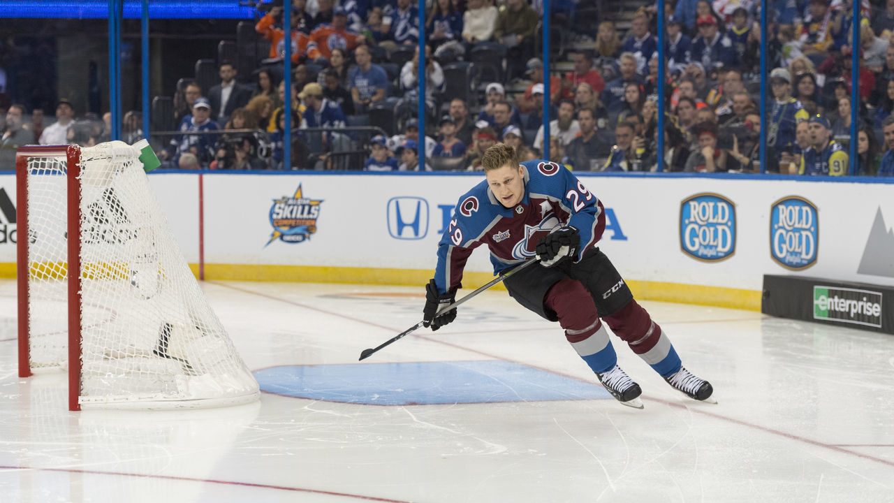 TAMPA, FL - JANUARY 27: Central Division forward Nathan MacKinnon (29) competes in the fastest skater competition during the NHL All-Star Skills Competition on January 27, 2018, at Amalie Arena in Tampa, FL.