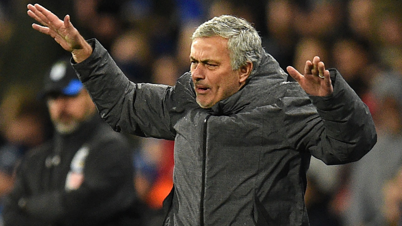 Manchester United's Portuguese manager Jose Mourinho gestures on the touchline during the English FA Cup fifth round football match between Huddersfield Town and Manchester United at the John Smith's stadium in Huddersfield, northern England on February 17, 2018. / AFP PHOTO / Oli SCARFF /