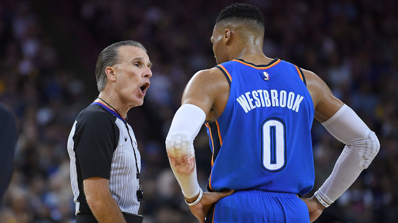 OAKLAND, CA - FEBRUARY 06: Russell Westbrook #0 of the Oklahoma City Thunder complains of a no call to referee Ken Mauer #41 during an NBA basketball game against the Golden State Warriors at ORACLE Arena on February 6, 2018 in Oakland, California.