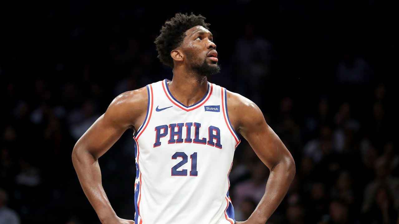 NEW YORK, NY - JANUARY 31: Joel Embiid #21 of the Philadelphia 76ers reacts in the first quarter against the Brooklyn Nets during their game at Barclays Center on January 31, 2018 in the Brooklyn borough of New York City.