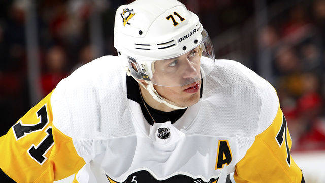 NEWARK, NJ - FEBRUARY 3: Evgeni Malkin #71 of the Pittsburgh Penguins looks over during an NHL hockey game against the New Jersey Devils at Prudential Center on February 3, 2018 in Newark, New Jersey.