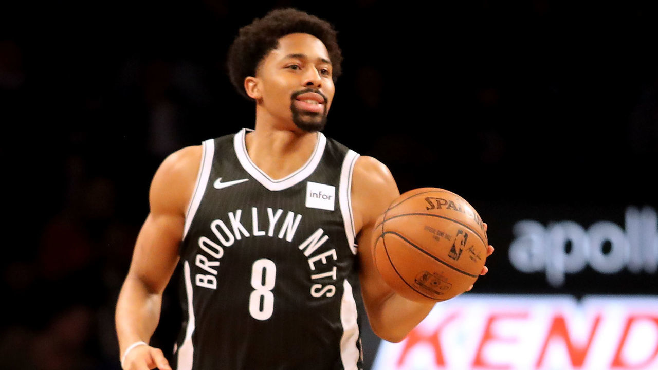 NEW YORK, NY - FEBRUARY 10: Spencer Dinwiddie #8 of the Brooklyn Nets looks down the court against the New Orleans Pelicans during their game at Barclays Center on February 10, 2018 in the Brooklyn borough of New York City.