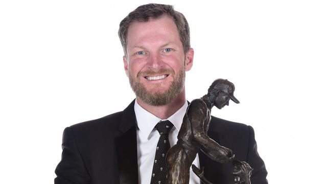 LAS VEGAS, NV - NOVEMBER 30: NASCAR driver Dale Earnhardt Jr. poses with NASCAR most popular driver award following the Monster Energy NASCAR Cup Series awards at Wynn Las Vegas on November 30, 2017 in Las Vegas, Nevada.