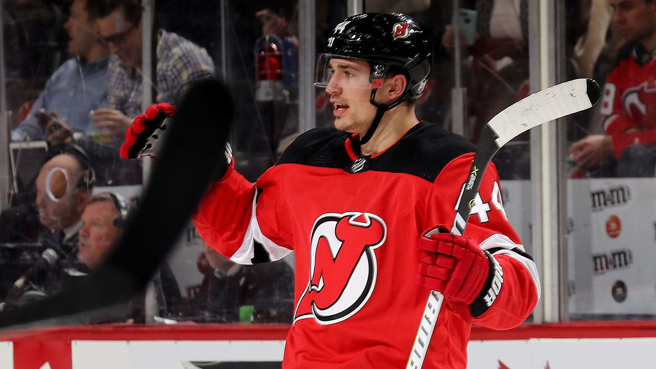 NEWARK, NJ - JANUARY 18: Miles Wood #44 of the New Jersey Devils celebrates his goal in the second period against the Washington Capitals on January 18, 2018 at Prudential Center in Newark, New Jersey.