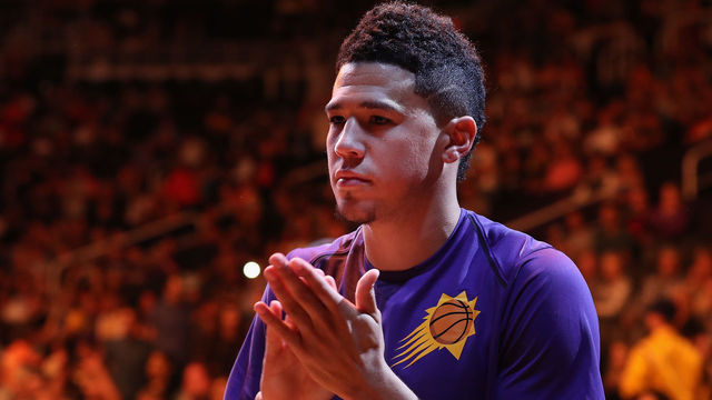 PHOENIX, AZ - OCTOBER 20: Devin Booker #1 of the Phoenix Suns stands on the court before the NBA game against the Los Angeles Lakers at Talking Stick Resort Arena on October 20, 2017 in Phoenix, Arizona. The Lakers defeated the Suns 132-130.