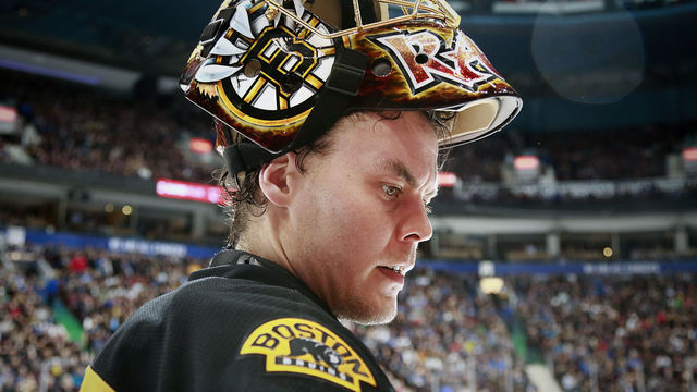 VANCOUVER, BC - MARCH 13: Tuukka Rask #40 of the Boston Bruins looks on from his crease during their NHL game against the Vancouver Canucks at Rogers Arena March 13, 2017 in Vancouver, British Columbia, Canada. 'n