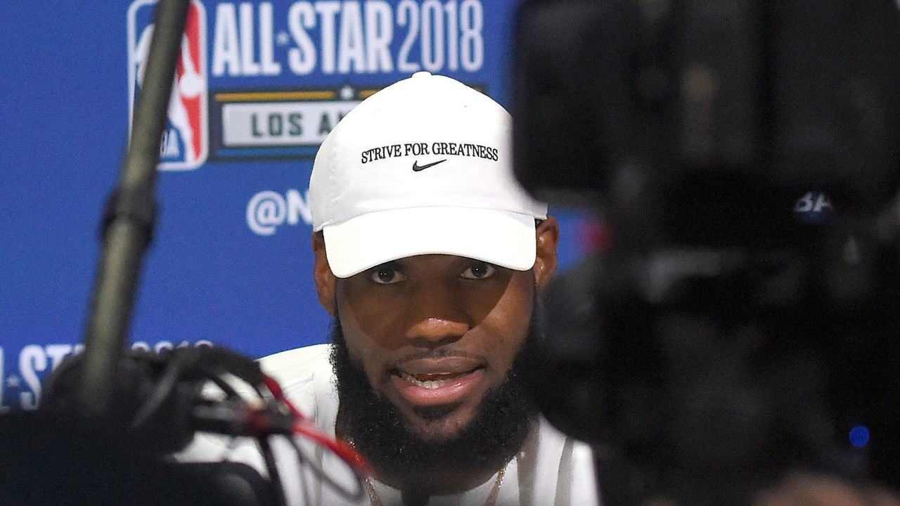 LOS ANGELES, CA - FEBRUARY 17: LeBron James #23 of Team LaBron is interviewed for the upcoming 2018 NBA All-Star game during Media Day at the Verizon Up Arena at LACC on February 17, 2018 in Los Angeles, California.