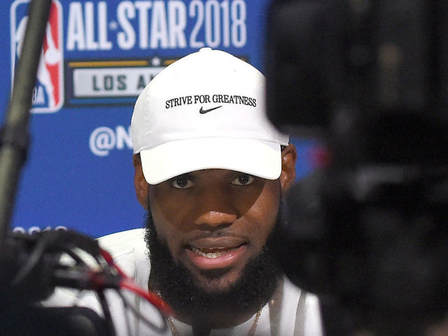 LOS ANGELES, CA - FEBRUARY 17: LeBron James #23 of Team LaBron is interviewed for the upcoming 2018 NBA All-Star game during Media Day at the Verizon Up Arena at LACC on February 17, 2018 in Los Angeles, California.