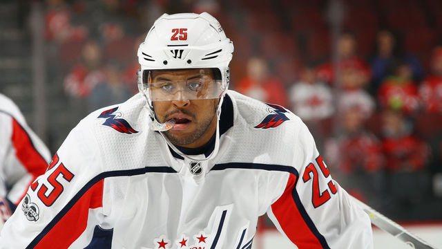 NEWARK, NJ - OCTOBER 13: Devante Smith-Pelly #25 of the Washington Capitals skates against the New Jersey Devils at the Prudential Center on October 13, 2017 in Newark, New Jersey. The Capitals defeated the Devils 5-2.