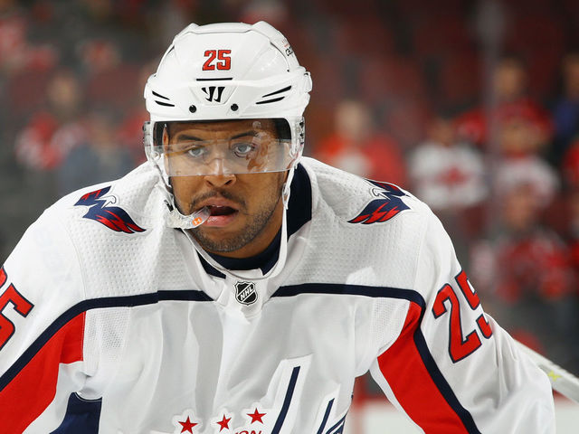NEWARK, NJ - OCTOBER 13: Devante Smith-Pelly #25 of the Washington Capitals skates against the New Jersey Devils at the Prudential Center on October 13, 2017 in Newark, New Jersey. The Capitals defeated the Devils 5-2.