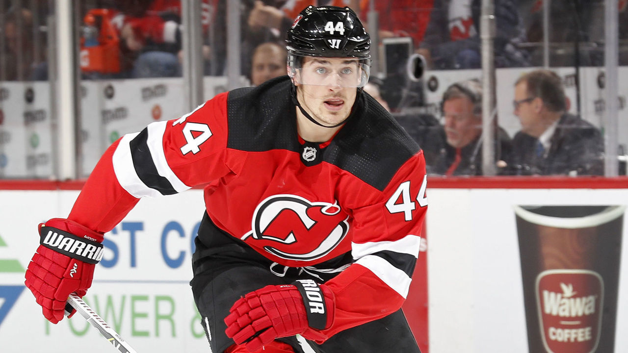 NEWARK, NJ - JANUARY 13: Miles Wood #44 of the New Jersey Devils in action against the Philadelphia Flyers during the second period at the Prudential Center on January 13, 2018 in Newark, New Jersey.