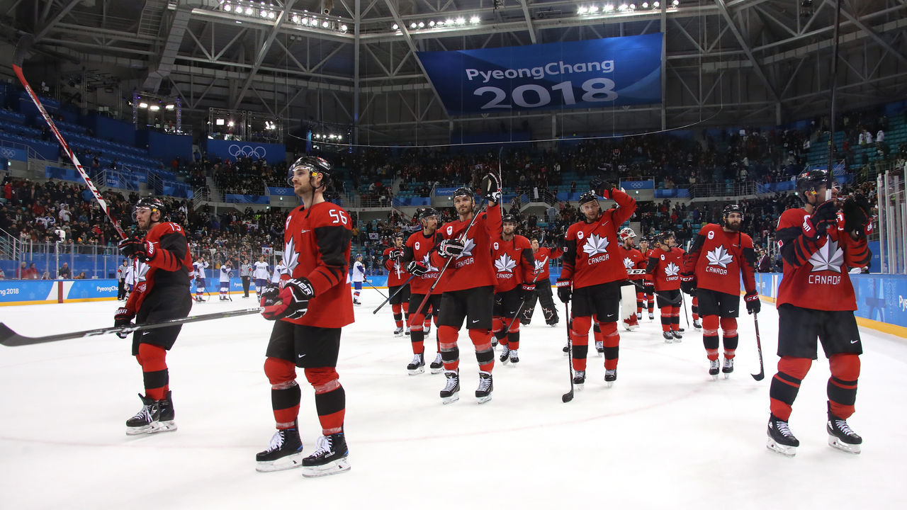 GANGNEUNG, SOUTH KOREA - FEBRUARY 18: Team Canada celebrates after defeating Team Korea in the Men's Ice Hockey Preliminary Round Group A game on day nine of the PyeongChang 2018 Winter Olympic Games at Gangneung Hockey Centre on February 18, 2018 in Gangneung, South Korea.