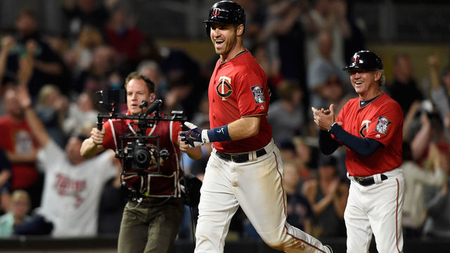 MINNEAPOLIS, MN - MAY 05: Joe Mauer #7 of the Minnesota Twins celebrates as he rounds the bases after hitting a walk-off solo home run against the Boston Red Sox during the ninth inning of the game on May 5, 2017 at Target Field in Minneapolis, Minnesota. The Twins defeated the Red Sox 4-3.