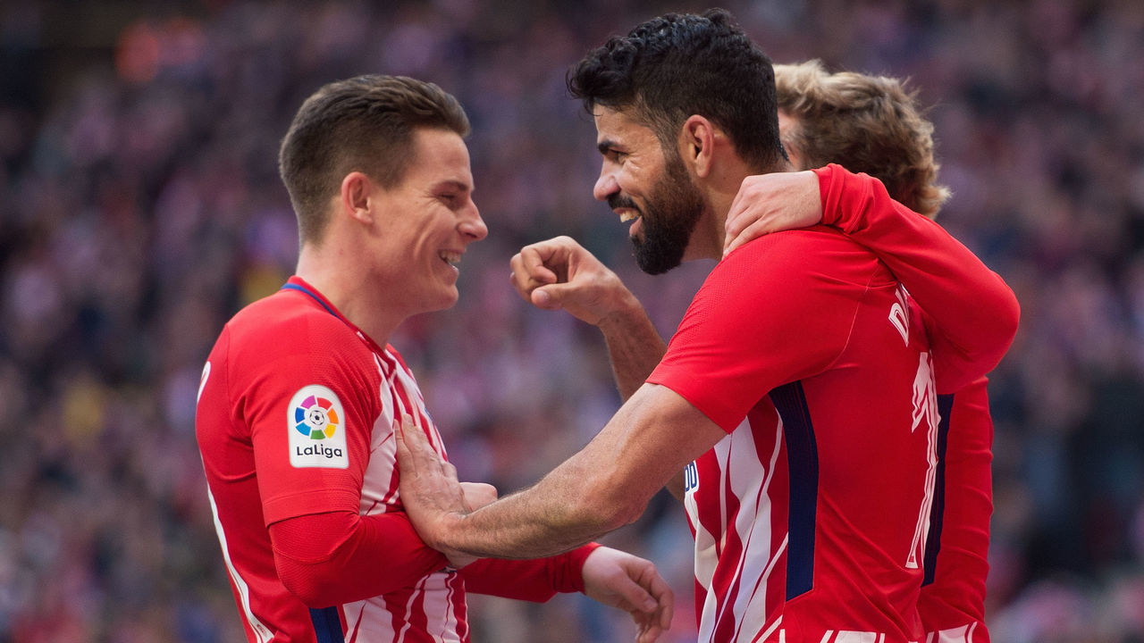MADRID, SPAIN - FEBRUARY 18: Diego Costa of Atletico Madrid celebrates with Kevin Gameiro after scoring his team's 2nd goal during the La Liga match between Atletico Madrid and Athletic Club at estadio Wanda Metropolitano on February 18, 2018 in Madrid, Spain.