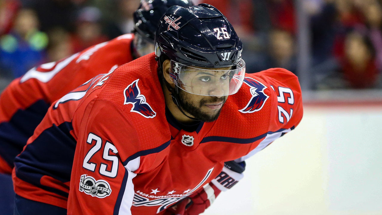 WASHINGTON, DC - NOVEMBER 22: Washington Capitals right wing Devante Smith-Pelly (25) ready for a face off during a NHL game between the Washington Capitals and the Ottawa Senators on November 22, 2017, at Capital One Arena, in Washington D.C. The Capitals defeated the Senators 5-2.