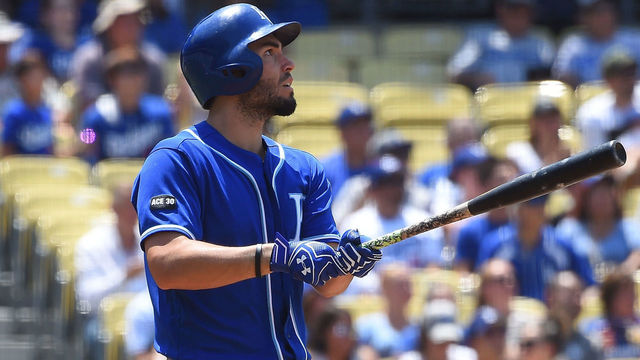 LOS ANGELES, CA - JULY 09: Eric Hosmer #35 of the Kansas City Royals watches as his two run home run clears the wall in the fourth inning off Clayton Kershaw #22 of the Los Angeles Dodgers at Dodger Stadium on July 9, 2017 in Los Angeles, California.