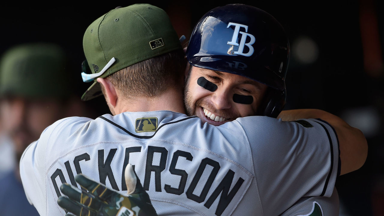 MINNEAPOLIS, MN - MAY 28: Corey Dickerson #10 of the Tampa Bay Rays congratulates teammate Evan Longoria #3 of the Tampa Bay Rays on a solo home run against the Minnesota Twins during the fifteenth inning of the game on May 28, 2017 at Target Field in Minneapolis, Minnesota. The Rays defeated the Twins 8-6 in fifteen innings.