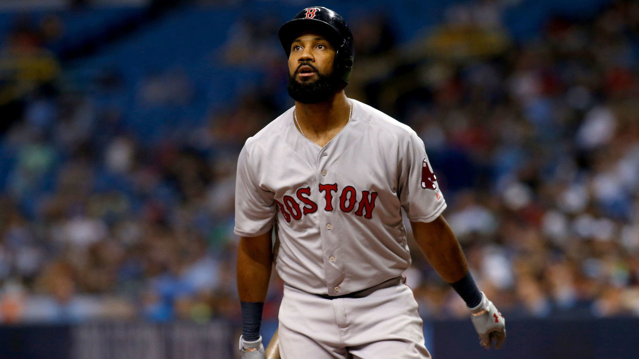 ST. PETERSBURG, FL - SEPTEMBER 16: Chris Young #30 of the Boston Red Sox reacts after striking out swinging to pitcher Dan Jennings of the Tampa Bay Rays during the sixth inning of a game on September 16, 2017 at Tropicana Field in St. Petersburg, Florida.