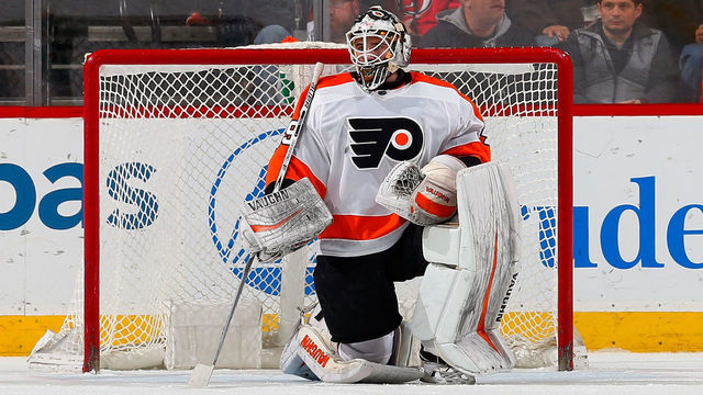 NEWARK, NJ - FEBRUARY 01: Alex Lyon #49 of the Philadelphia Flyers in action against the New Jersey Devils on February 1, 2018 at Prudential Center in Newark, New Jersey. The Devils defeated the Flyers 4-3.