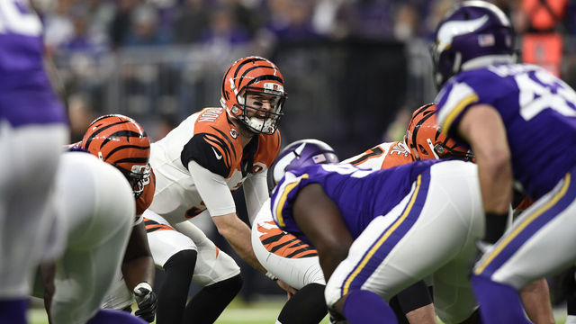 MINNEAPOLIS, MN - DECEMBER 17: AJ McCarron #5 of the Cincinnati Bengals at the line of scrimmage in the fourth quarter of the game against the Minnesota Vikings on December 17, 2017 at U.S. Bank Stadium in Minneapolis, Minnesota.
